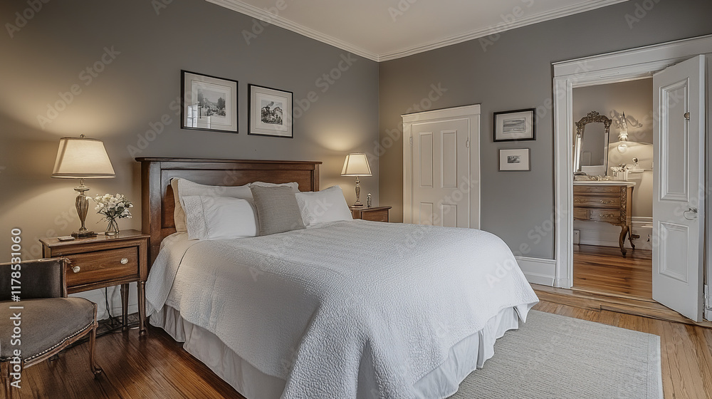 Elegant bedroom with gray walls and white bedding, featuring wooden furniture Elegant bedroom with gray walls and white bedding, featuring wooden furniture
