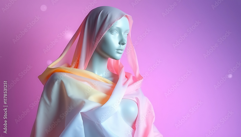 A mannequin draped with flowing fabric in shades of pink, blue, and yellow, set against a soft purple gradient background with glowing light accents. A mannequin draped with flowing fabric in shades of pink, blue, and yellow, set against a soft purple gradient background with glowing light accents.