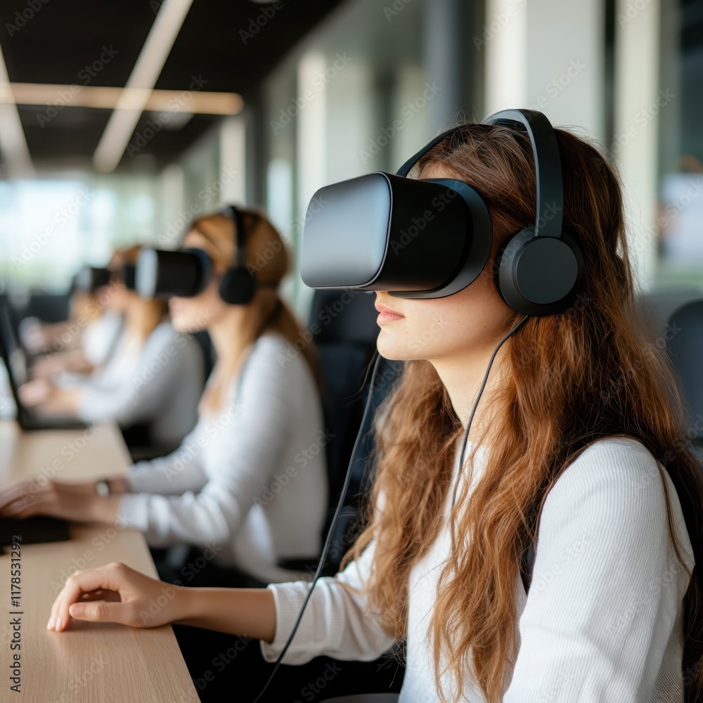 Virtual reality learning session educational facility digital content modern classroom side view enhancing user experience through educational technology Virtual reality learning session educational facility digital content modern classroom side view enhancing user experience through educational technology