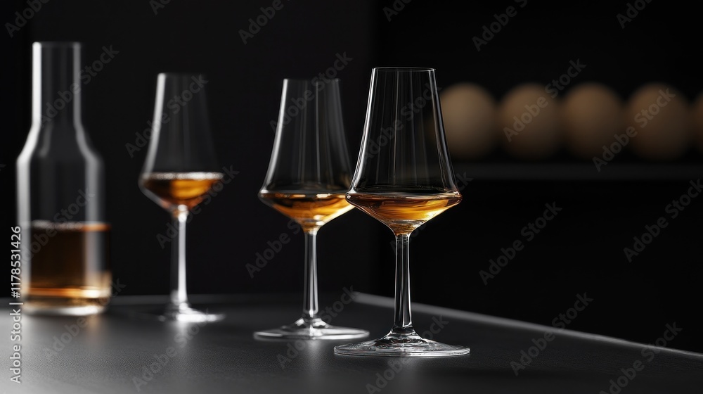 Elegant Whiskey Tasting: Three Crystal Glasses with Amber Liquid, Dark Background Elegant Whiskey Tasting: Three Crystal Glasses with Amber Liquid, Dark Background