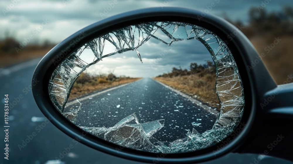 Fototapeta premium Close-up of a broken car mirror reflecting the road, with shards of glass symbolizing the impact of a crash