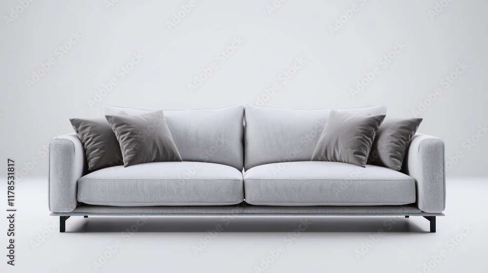 A modern, light gray sofa with plush cushions, designed for comfort and style in living spaces. A modern, light gray sofa with plush cushions, designed for comfort and style in living spaces.