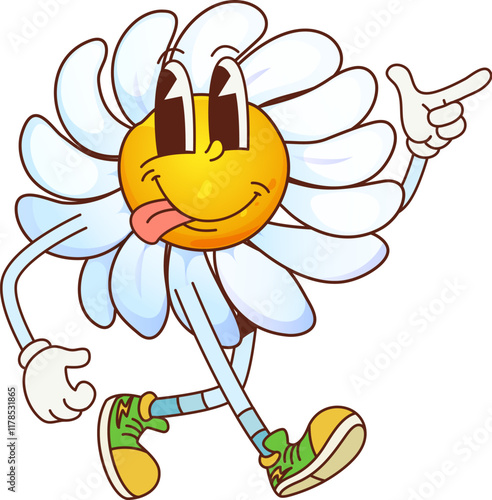Groovy daisy chamomile flower, retro cartoon character with funny face, vector emoji. Groovy daisy chamomile flower character with silly face and tongue out freaky emotion walking in hipster shoes