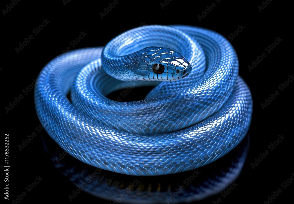 Obraz premium Ornate Blue Snake Coiled Gracefully, Capturing Light with Iridescent Scales on a Black Background for Nature and Wildlife Photography