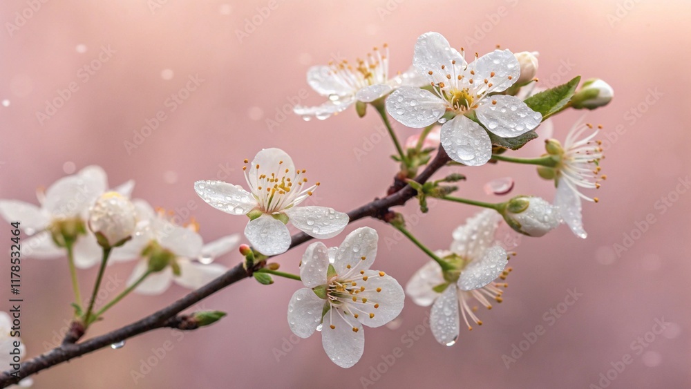 Blooming Flower Bouquet on a Branch with a Soft Pink Background Blooming Flower Bouquet on a Branch with a Soft Pink Background