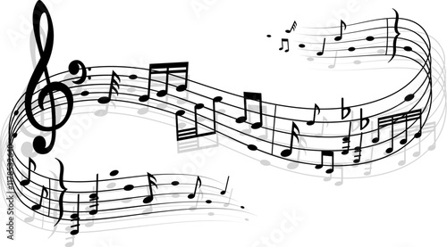 Music song wave with treble notes and clef symbol. Symphony harmony ans sound wave, classic orchestra music swirl isolated vector background. Audio record sound rhythm graphic pattern