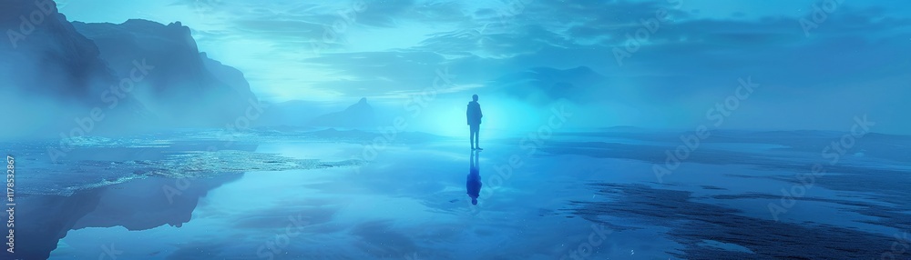 Fototapeta premium In a surreal landscape, a figure intersects with its own reflections in multiple dimensions The subject contemplates existence, cast in an ethereal blue light Surreal, 3D render, Silhouette lighting,