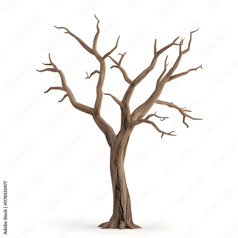A dramatic 3D representation of a dead tree, characterized by its sharply angled branches and weathered trunk. Every detail, from the cracks in the bark to the jagged branch ends, is rendered in A dramatic 3D representation of a dead tree, characterized by its sharply angled branches and weathered trunk. Every detail, from the cracks in the bark to the jagged branch ends, is rendered in