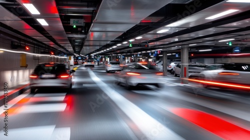 A motion-blurred view of cars in a modern parking garage with bright lighting.