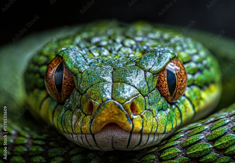 Fototapeta premium Stunning Close-Up of a Vibrant Green Python with Unique Scale Patterns, Capturing the Intricate Details and Expressive Eyes of This Fascinating Reptile Species