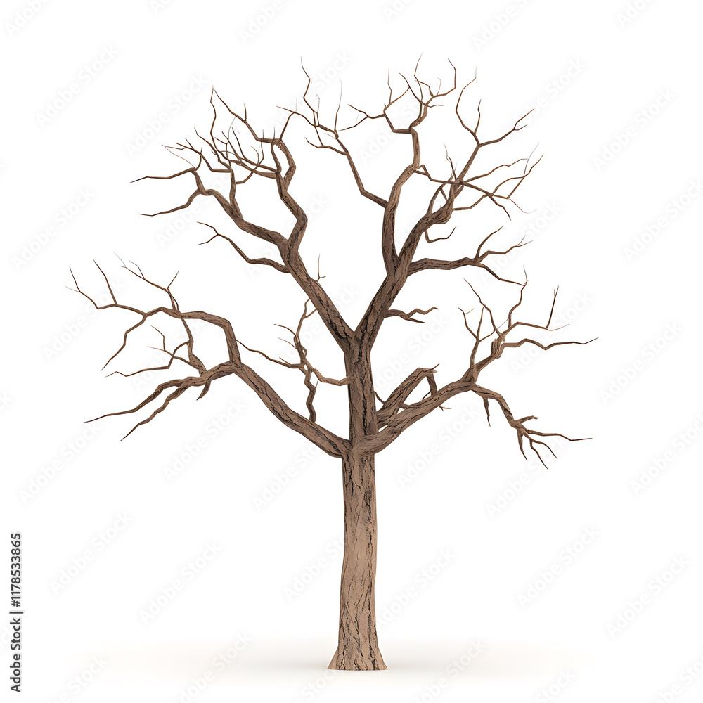 Obraz premium A barren tree rendered in lifelike 3D, showcasing a deeply textured trunk and an elaborate network of twisted branches. The fine details of the bark and subtle imperfections give it a naturalistic