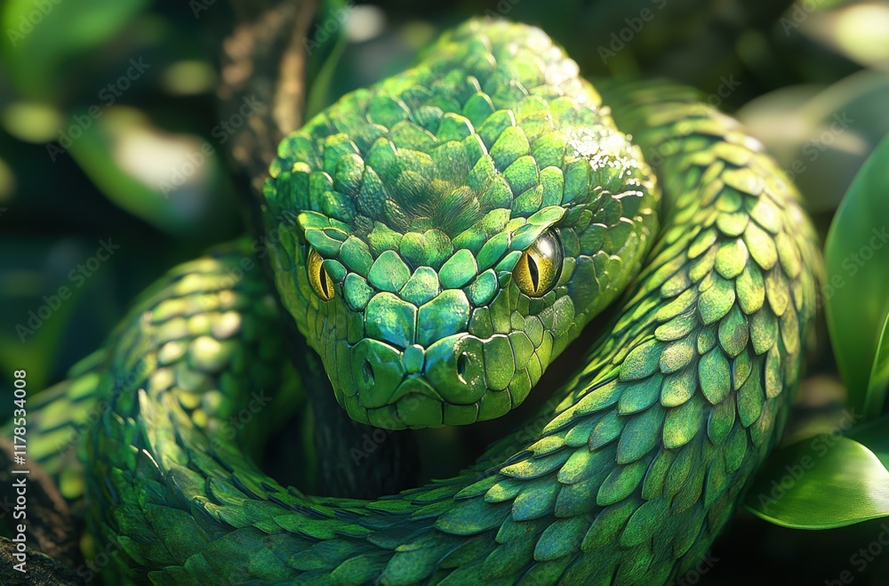 Fototapeta premium Stunning Green Snake Coiled Among Lush Green Leaves in a Tropical Jungle, Showcasing Intricate Scale Patterns and Vibrant Colors in Nature