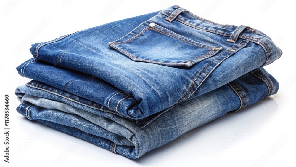 Stack of blue denim jeans with visible stitching and pockets Stack of blue denim jeans with visible stitching and pockets
