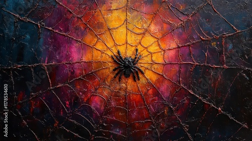 A black spider in the center of a textured, colorful spiderweb painting. photo