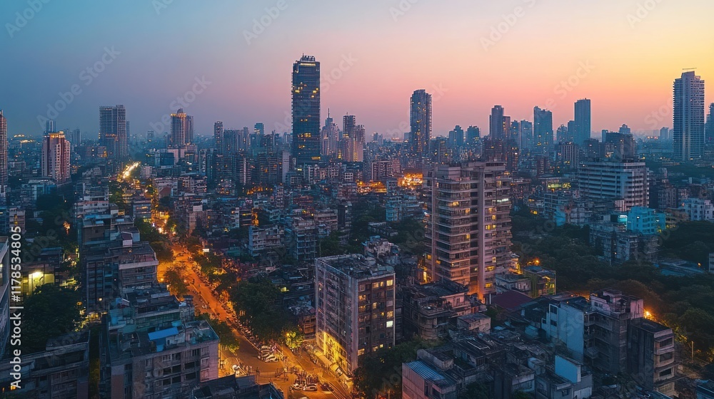 Fototapeta premium A panoramic view of a city skyline at dusk, showcasing skyscrapers and illuminated streets.