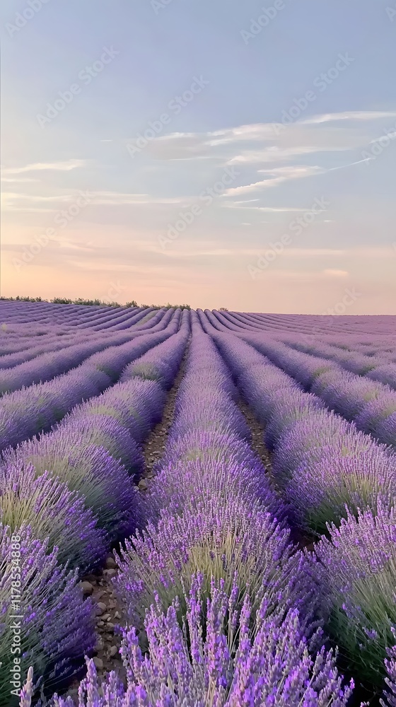 Obraz premium Tranquil lavender fields under a clear daytime sky, with rows of purple flowers stretching to the horizon. Captures the tranquility and beauty of nature