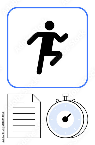 Silhouette figure in running pose paired with a stopwatch and document symbolizing speed, progress, and evaluation. Ideal for fitness, sports, goals, productivity, analysis, time management abstract