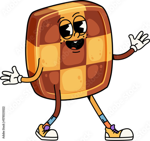 Cartoon funny shortbread cookie groovy character with playful and funky vibe. Isolated vector bakery with chocolate and biscuit checkers decoration. Sweet pastry dessert personage with smiling faceV