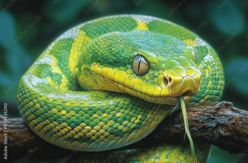 Fototapeta premium Vibrant Green and Yellow Snake Coiled on Branch in Lush Natural Habitat, Capturing the Intricate Patterns and Textures of Its Scales and Surrounding Foliage