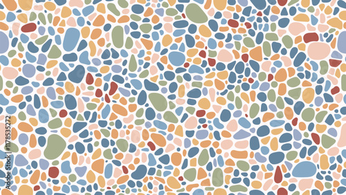 Pebble and gravel mosaic stone pattern background with rock texture. Vector wall, floor and paving tile seamless pattern with color stone geometric mosaic. Pebble, gravel and cobblestone tile backdrop