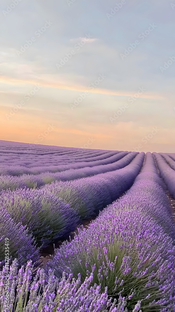 Obraz premium Tranquil lavender fields under a clear daytime sky, with rows of purple flowers stretching to the horizon. Captures the tranquility and beauty of nature