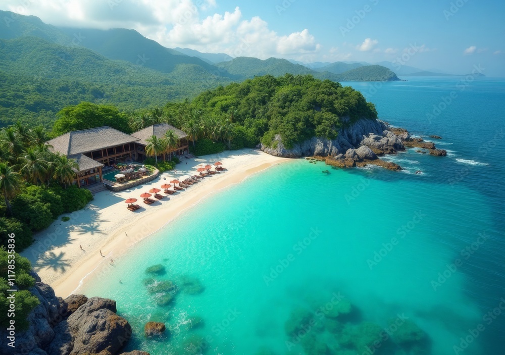 Naklejka premium Beautiful tropical beach with clear water and lush greenery near luxurious resort