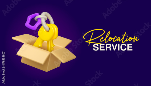Relocation service vector 3d banner. Home keys in cardboard box illustration isolated on dark background. House furniture delivery business concept. Cartoon icon