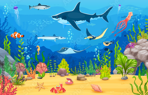 Game sea underwater landscape with shark, seaweed and ocean animals. Sea wildlife creatures vector backdrop, aquatic nature animals game background with manta ray, squid, barracuda and puffer fish