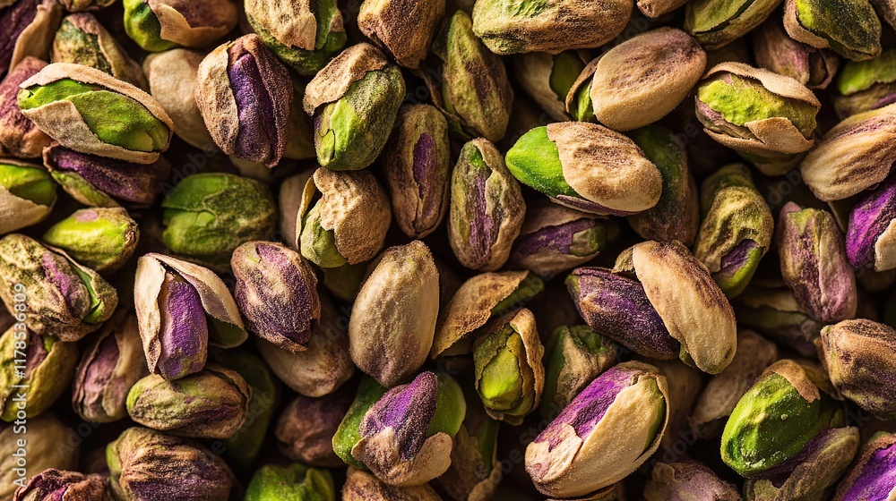 Close-up of roasted pistachio nuts in their shells