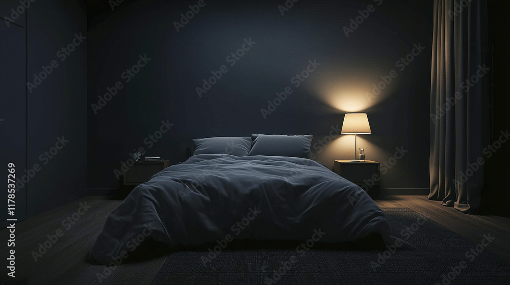 Dark cozy bedroom with charcoal walls and soft bedding