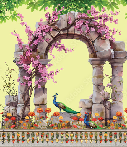 Mughal Palace graden peacock traditional vintage landscape, Mughal garden, arch, temple, lamp, peacock, bird vector illustration Traditional art prints wallpaper