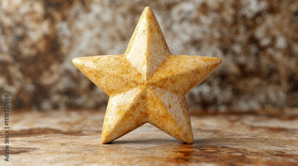 A golden five-pointed star on a rustic surface. A golden five-pointed star on a rustic surface.