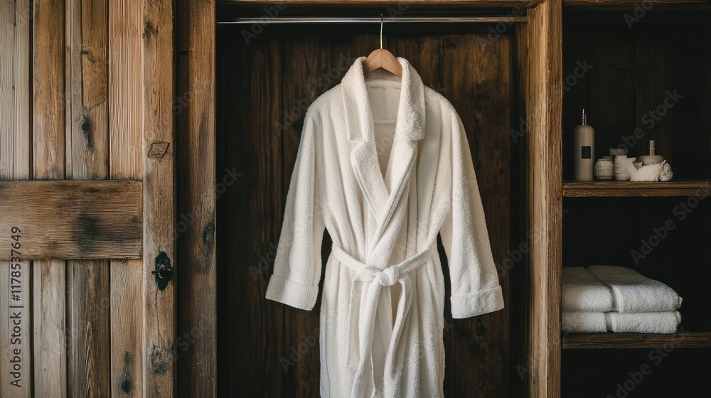 Naklejka premium Freshly laundered white bathrobe hung gracefully in a rustic wooden wardrobe with subtle luxury details in the background.