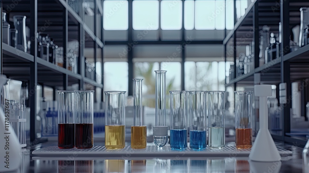 A laboratory setting with various test tubes containing colorful liquids for scientific experiments. A laboratory setting with various test tubes containing colorful liquids for scientific experiments.