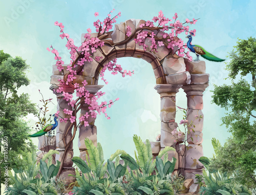Mughal Palace graden peacock traditional vintage landscape, Mughal garden, arch, temple, lamp, peacock, bird vector illustration Traditional art prints wallpaper