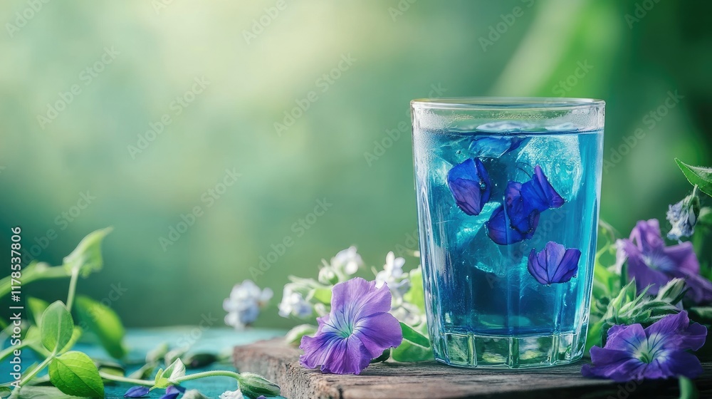 Glass of butterfly pea tea surrounded by fresh flowers on a wooden table, complemented by a green background Glass of butterfly pea tea surrounded by fresh flowers on a wooden table, complemented by a green background