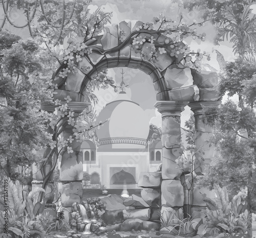 Traditional Mughal forest, garden, arch, peacock, bird illustration, Black and white Mughal mural plant 