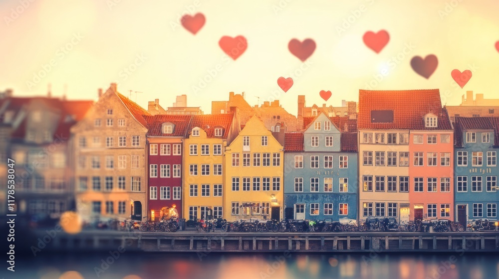 Obraz premium A picturesque waterfront scene with colorful houses and floating hearts, evoking romance.