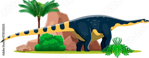 cartoon prehistoric magyarosaurus dinosaur character. Isolated vector ancient herbivore reptile animal in natural environment with rock, tree and fern plants. Late cretaceous paleontology era lizard
