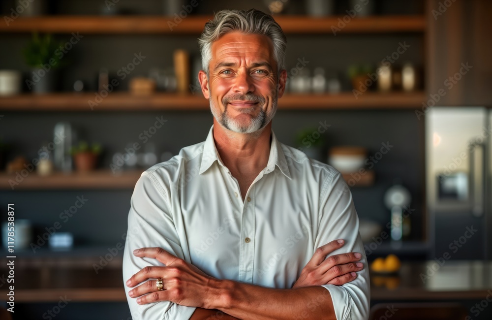 Obraz premium Mature man stands confidently indoors. Wears stylish, understated white shirt. Expression happy, serious. Indoor setting, likely home office, with modern, stylish background. Man embodies strength,
