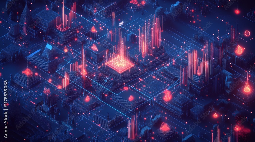 A vibrant isometric graphic depicting a complex digital network of data points in a futuristic city, showcasing interactions. A vibrant isometric graphic depicting a complex digital network of data points in a futuristic city, showcasing interactions.