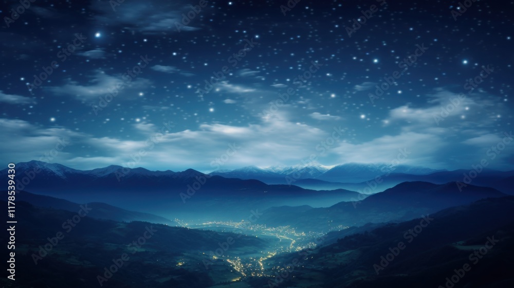 Fototapeta premium A magical starry night scene, glowing stars in a deep, infinite sky, with dynamic, swirling patterns and abstract blue hills below, forming a serene and dreamlike artistic composition. T