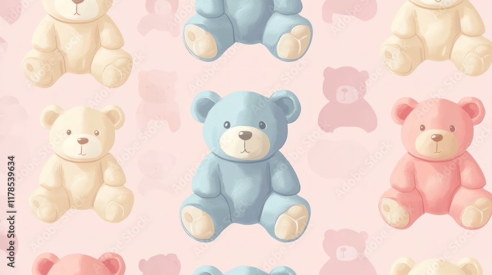 A playful pattern of colorful teddy bears on a soft pink background. A playful pattern of colorful teddy bears on a soft pink background.