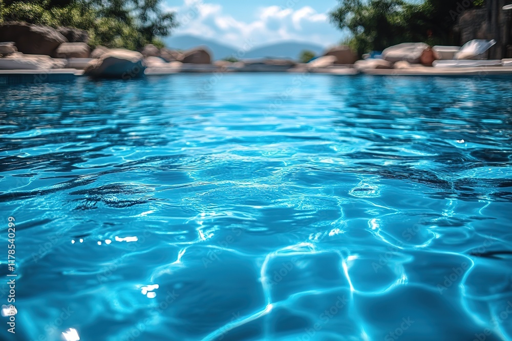 Obraz premium Pool water surface, sunny resort, blurred background.