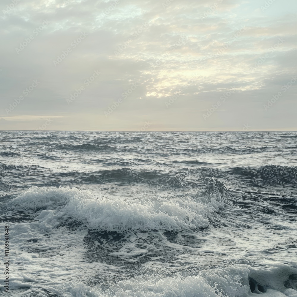 Fototapeta premium Tranquil ocean waves under a cloudy sky, showcasing the serene beauty of nature's vast seascape in soft morning light.