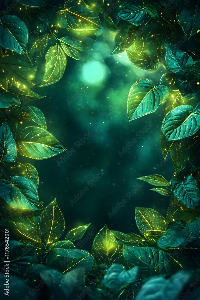 A magical image framed by glowing green tropical leaves on a dark background. Perfect as a design background for a fantasy atmosphere or a glowing nature theme, with a mysterious, enchanting feel. A magical image framed by glowing green tropical leaves on a dark background. Perfect as a design background for a fantasy atmosphere or a glowing nature theme, with a mysterious, enchanting feel.