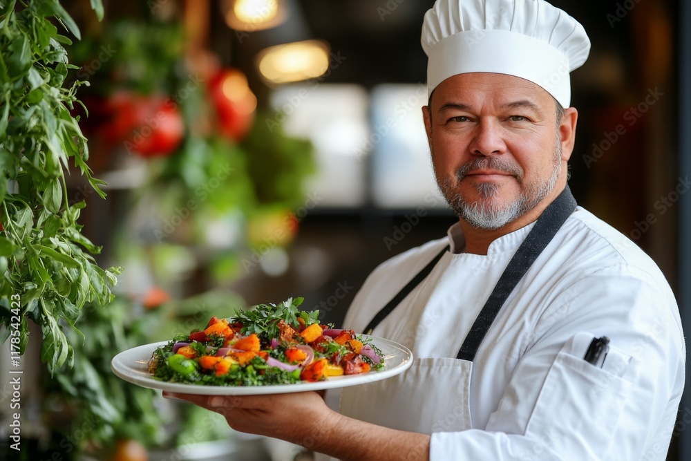 Smiling chef presenting a fresh salad in a bright kitchen Smiling chef presenting a fresh salad in a bright kitchen