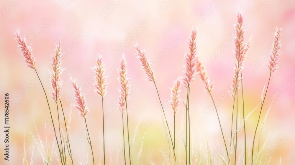 Fototapeta premium Delicate pink grass stems against a soft, blurred pastel background.