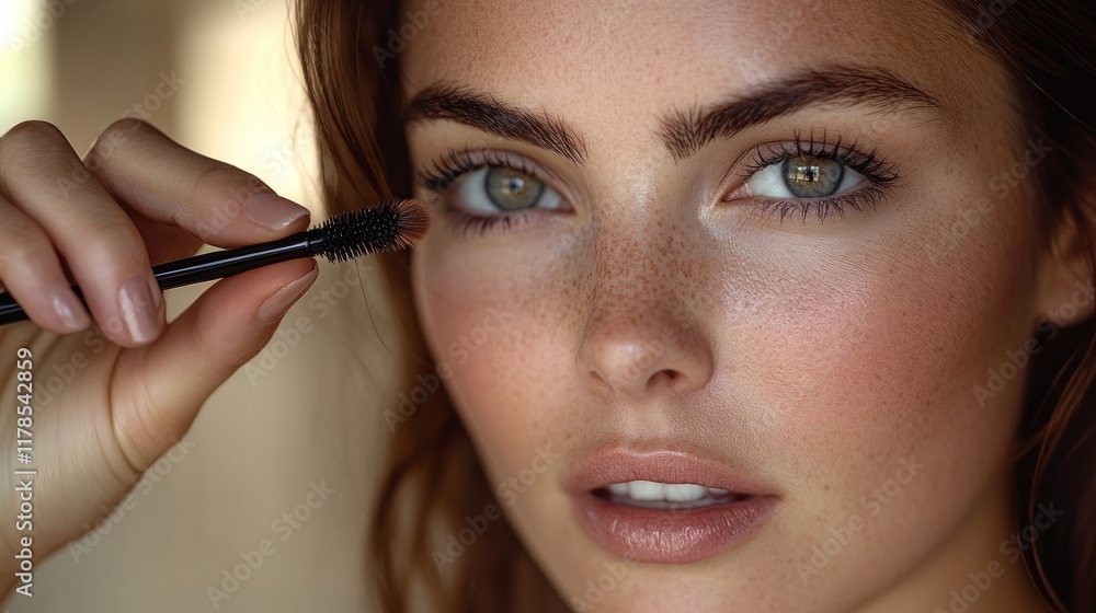 A close-up portrait of a woman applying makeup with a brush, showcasing beauty and skincare. A close-up portrait of a woman applying makeup with a brush, showcasing beauty and skincare.