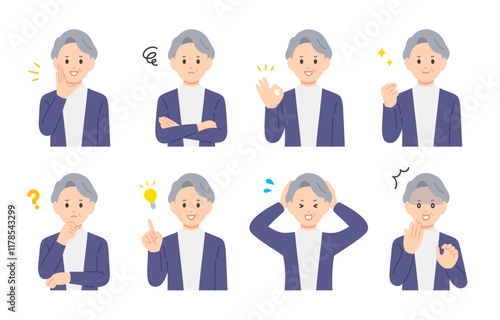 いろいろな表情やポーズをするシニア女性･高齢者のセット【人物ベクターイラスト素材】
